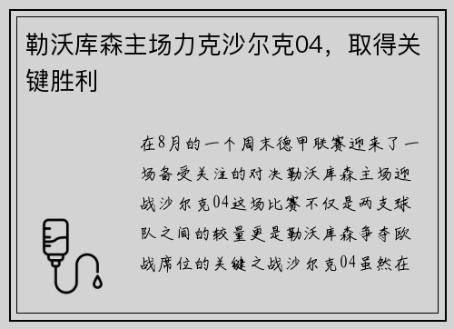 勒沃库森主场力克沙尔克04，取得关键胜利