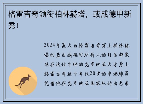 格雷吉奇领衔柏林赫塔，或成德甲新秀！