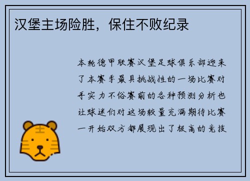 汉堡主场险胜，保住不败纪录