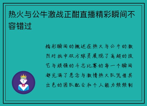 热火与公牛激战正酣直播精彩瞬间不容错过