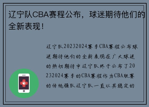 辽宁队CBA赛程公布，球迷期待他们的全新表现！